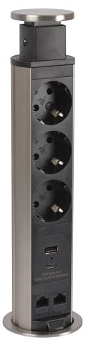 LEGRAND, Incara Tower 60, Einbausteckdose mit Lift-System, 2x USB (A+C), 2x FTP Cat. 6 RJ 45 Datendose, 3x Steckdosen, 2P+E Stecker, 60mm Ø, Einbautiefe: 356,5mm, 15 W, Aluminium/Schwarz, 654975