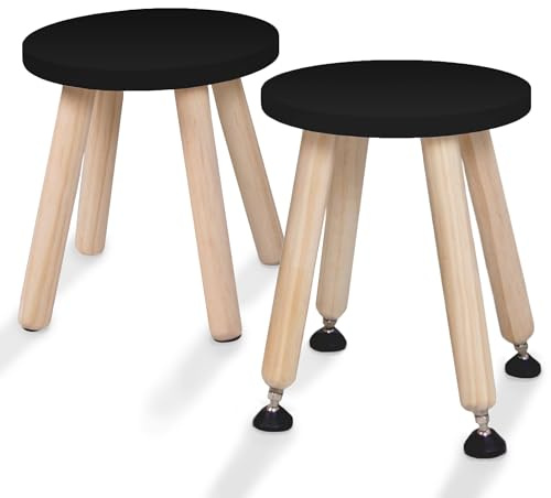 Cateam Tritthocker aus Holz für Kinder und Kleinkinder – 2er-Set – Schwarz – Kinderhocker mit ausziehbaren Beinen – sensorischer Tischhocker – runder Sitzhocker für Kinder mit Nivellierfüßen