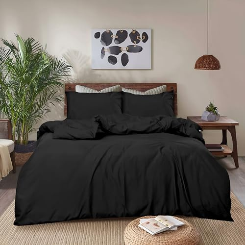 REHAN & CO Duvet Cover Sets – Soft Brushed Microfiber Bedding – Plain Quilt Cover With Pillow Cases (Black - Super King)