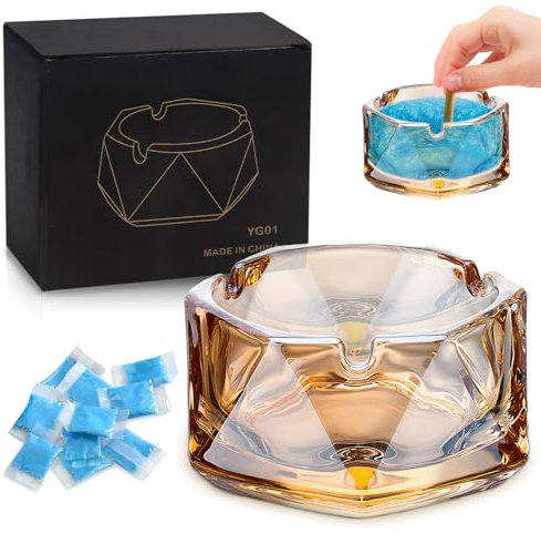 Posacenere da Tavolo in Vetro con Sabbia Azzurra - Da Esterno Portatile Adatto per Bar, Ristoranti, Caffetterie Ambra 11.5x11.5x5.5 cm