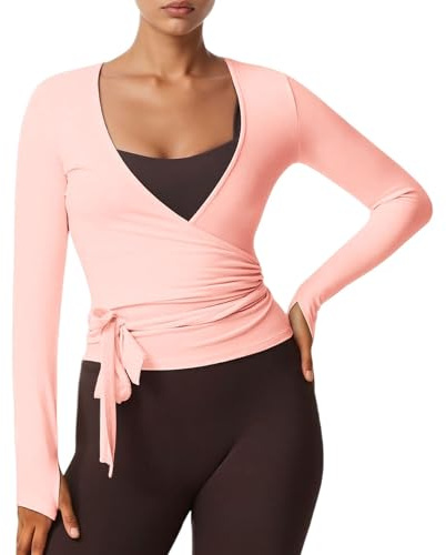 Camiseta sexy para mujer Y2k, estilo envolvente, manga larga, cuello en V profundo, ajustada, para yoga, pilates, ballet, entrenamiento de baile, con aspecto sexy, de un solo color, banda elástica