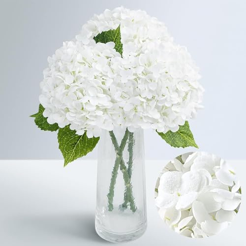 Laelfe 3 Piezas de Hortensias Artificiales Extra Grandes, 70 cm Hortensias de Flores Artificiales de Látex para Decoración de Hogar, Arreglos Florales de Fiesta, Boquetes de Boda, Centrepiezas