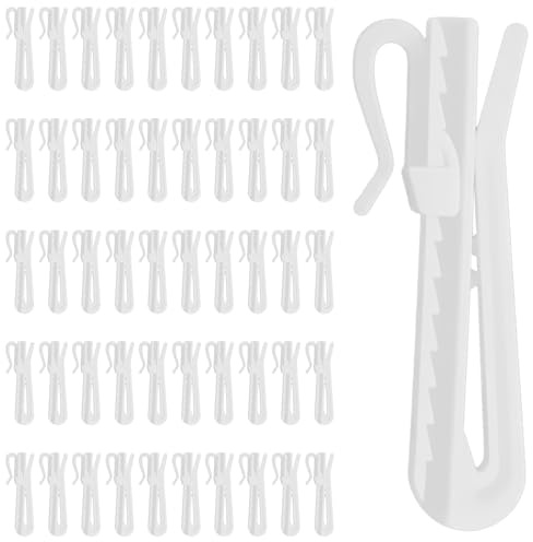 XLIUAX 50 Pcs Plastic Curtain Hooks, Pinch Pleat for Drapes Drapery Hook | Adjustable Shower Curtain Hook with Ratchet for Window Door Repair Replacement Fixing, 70MM Length