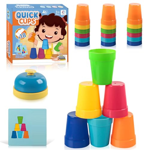 BGNXHYB Quick Stacking Cups Set, Becher Stapeln Training Stapelbecher Speed Party Spielzeug, Mit 18 Speed Cups, 54 Karten und 1 Klingel anrufen, für Kinder Stapelbecherspiel