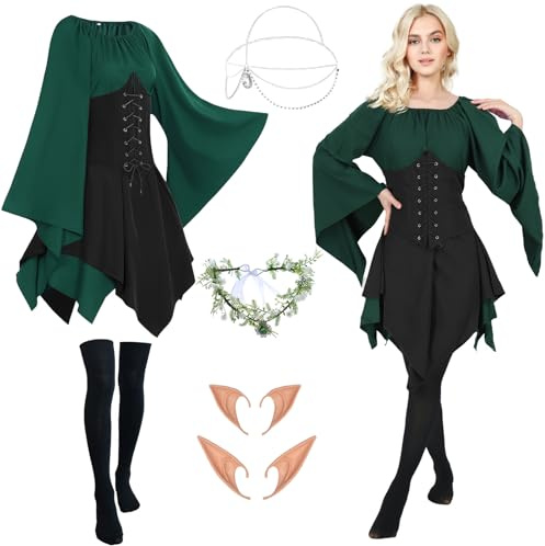Vestito medievale gotico da donna, tradizionale, irlandese, rinascimentale, verde, per carnevale, Halloween, costume da pirata con testa, corona di fiori, orecchie da elfo, calzini sopra il ginocchio