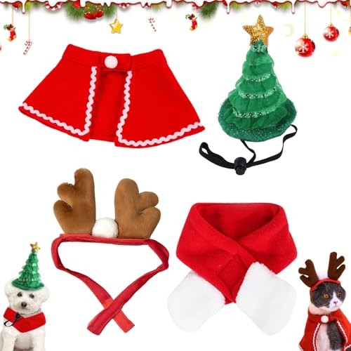Vêtements pour Animaux De Noël, Lot de 4 Costumes de Noël pour Chat, Costume Animaux noël avec Une Bonnet, Cape Écharpe Bonnet de Père Bandeau de Renne, pour Chien et Chat Rouge