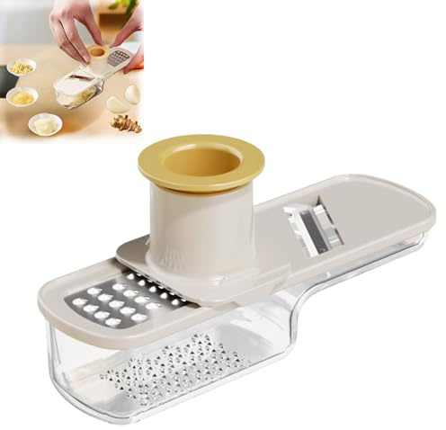 Multifunctional Mini Garlic Grinder, 3 in 1 Mini Garlic Slicer Super Thin with Hand Guard, Vegetable Garlics Ginger Grind, Slice and Shred Mandoline Cutter with Container for Kitchen Tool (White)