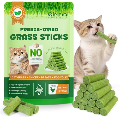 Cat Grass Sticks, 60G Freeze Dried Grass Treats for Supports Digestive Health & Aids Hairball Control,Indoor Kitty Lickable Edible Snack,Encourages Chewing,Grain-Free