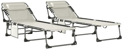 Outsunny Set de 2 Tumbonas Jardín Exterior Plegables Reposacabezas Crema | Bolsillo Lateral, Respaldo Reclinable 5 Posiciones, Asiento de Malla Transpirable, Playa, Piscina