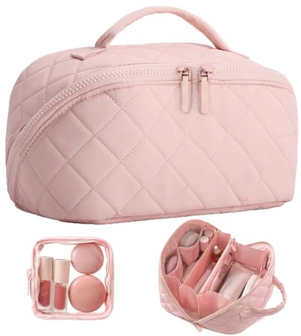 KANGBES Flat Lay Makeup Bag, Puffer Cosmetic Bag with Brush Compartment, Large Capacity Travel Make Up Bags for Women, Open Flat Quilted Makeup Case for Daily Toiletry Organisation (Pink)