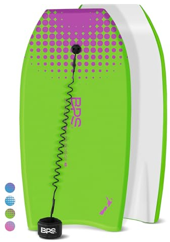 BPS 37 Body Board Pack for Kids and Adult - Lightweight Bodyboard w/ HDPE Slick Bottom for Additional Speed and Maneuverability - Bodyboard with Includes Leash Coiled (Green/Purple)