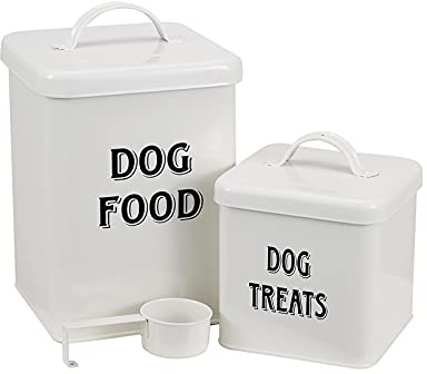 Morezi Pet Food and Treats Containers Set with Scoop for Cats or Dogs - Cream Powder-Coated Carbon Steel - Tight Fitting Lids - Storage Canister Tins - Dog Food