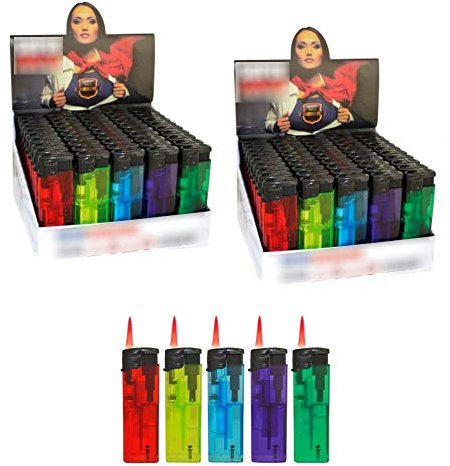 h2i - 50-200 accendini usa e getta colorati con ruota di frizione o fiamma a getto, adesivi (e. 100 pezzi con fiamma a getto)