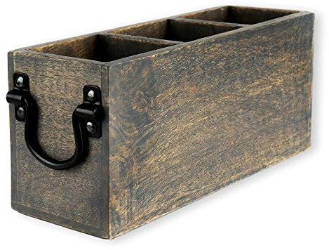 GoCraft 3 Compartment Flatware Caddy, Cutlery Utensil Holder, Organizer Box For Cooking, Silverware, Flatware, Sauce Spoon, Tongs, and More, Grey Washed Mango Wood Caddy with Metal Handles