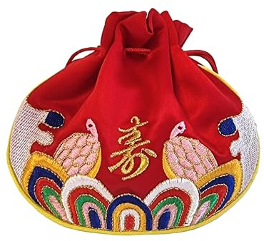 Seoulful Vintage Korean Turtle Blessing Pouch - Traditional Bokjumeoni Lucky Bag with Longevity & Fortune Symbols Embroidered - New Year & Chuseok Gifts (Red)
