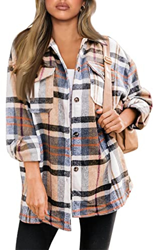 AUTOMET Womens Fall Outfits Fashion Clothes Shackets Flannel Plaid Button Down Long Sleeve Shirts Jackets 2024, Bluebrown, X-Small