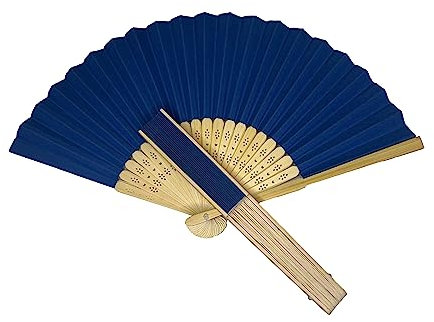Parev Navy Blue Paper Foldable Hand Held Bamboo Wooden Fan