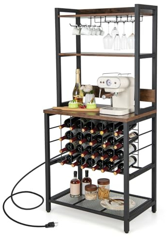 GOPLUS Armario para Vino Independiente, portabotellas con encimera espaciosa y 3 estantes de Almacenamiento, Gran Capacidad de 9 Vasos y 24 Botellas, estación de Carga integrada, 162,5 x 48 x 76 cm