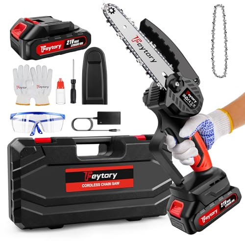 Mini Kettensäge mit Akku, 21V 6 Zoll Akku Stsäge mit 3.0Ah Akku und 2 Ketten, Mit Sicherheitsverriegelung und leistungsstarkem Motor, Handkettensäge Akku für Baum, Hof und Garten（Schnell-Ladegerät）