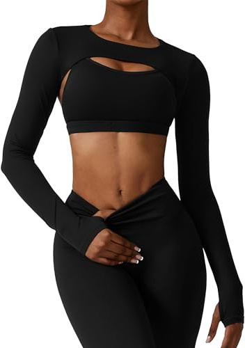 Adigau Women Bolero Crop Top Long Sleeve Open Front Workout Cropped Shirts with Thumb Holes Stretchy Quick Dry Sports Shrug without Bra Black S