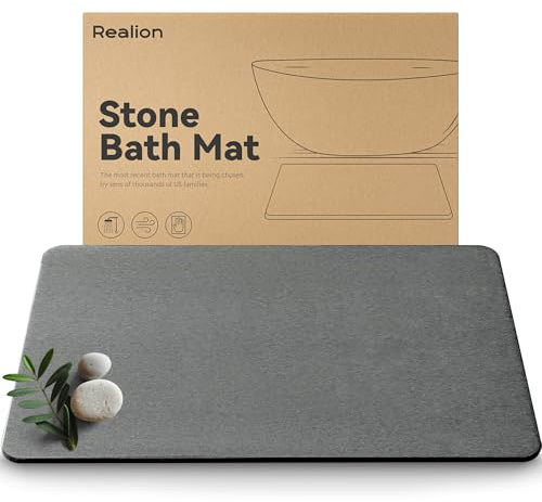 Realion Stone Bath Mat, Dries Quickly, Non-Slip Diatomaceous Earth Bath Mats for Bathroom, Super Absorbent Stone Shower Mat, Easy to Clean, 23.5 x 15.5 Dark Gray