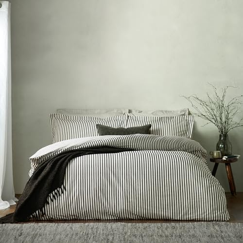 furn. Yard Hebden 100% Cotton Stripe Duvet Cover Set – Reversible Striped Bedding (Black, Single)