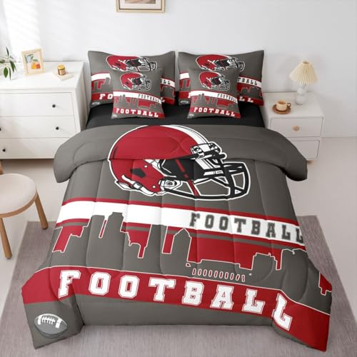 Erosebridal Football City 7 Pcs Comforter Set Queen Football Bedding for Boys Girls Grey Red Rugby Game Sheet Set Bed in A Bag Football Fans Bedroom Decor Sports Ball Team Quilt