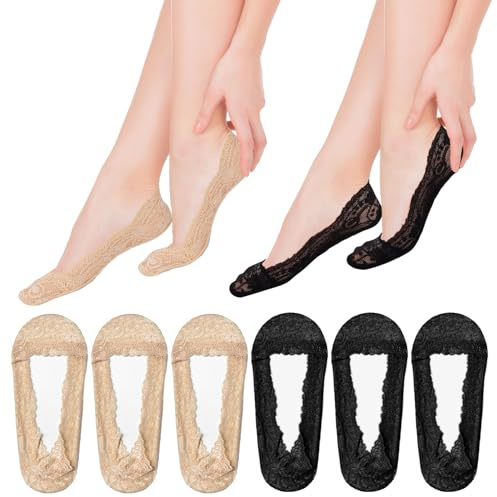 DIPZO Chaussettes en Dentelle Femme No-Show 6 Paires - Anti-Glissement Bas Invisible pour Mocassins/Ballerines/Baskets/Talons (3 Noir + 3 Naturel)