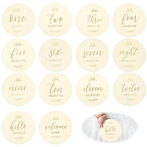 BOHUIZ 7 Pcs Wooden Baby Milestone Cards Baby Months Signs, 10cm Round Double Sided Milestone Babys Cards for New Parents Gift Set Newborn Infants 0-12 Months Growth Recording Photo Props