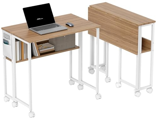 HOMCOM Escritorio Plegable con Ruedas y Estante, Mesa Escritorio Compacta con Bolsillo de Almacenaje, Mesa de Ordenador Portátil para Casa, Oficina, Espacios Pequeños, 80x50x75 cm, Natural
