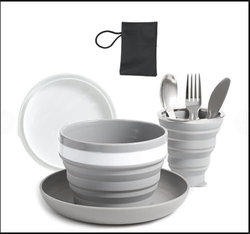 Foldable Mess Kit, Portable Collapsible Camping Cups Bowls with Cutlery Set, Microwave Oven Available Food Grade Silicone for Travel Outdoor Hiking and Picnic.