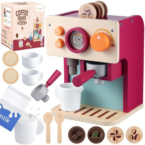 GAGAKU Cafetera infantil de madera, juguete Montessori a partir de 3 años con jarra de leche y accesorios, juguete educativo, juego de rol, regalo de cumpleaños para niños y niñas