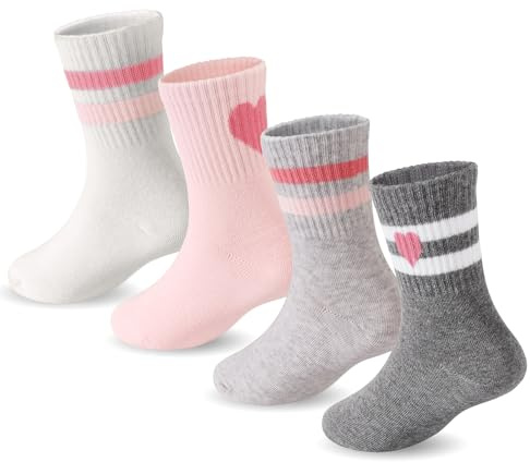 DRESHOW Calcetines Niñas Calcetines Deporte Niña con Corazones Rayas 4 Pares para Niños 4-7 Años