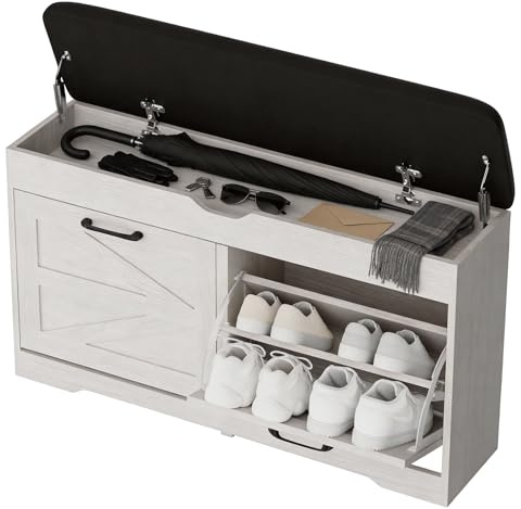 VitoEone Shoe Storage Bench Cushion, Entryway Bench with Storage, End of Bed Shoe Benches, Small Shoe Rack Benches, Entry Way Shoes Cabinet for Entryway, Bedroom, Living Room, Farmhouse, White