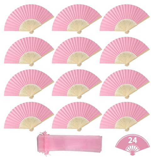 lalago 24pcs Eventail Mariage, Éventail Bois Papier et Rose, Japonais Pliant Ventilateur, Poche Pliante Ventilateur Pliable, Éventail Mariage Personnalisable fête Cadeaux Décoration Murale DIY
