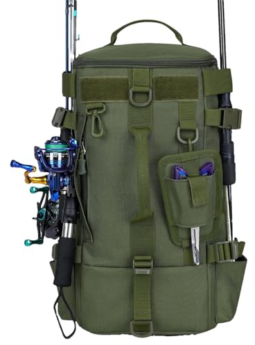 Generisk fiskeryggsäck, tackle-ryggsäck, fiskeutrustning väska med spöhållare | fiskeförvaringsväska för camping, vandring, tackle slingväska för fiskeutrustning, Armégrön, Siehe Beschreibung, Se