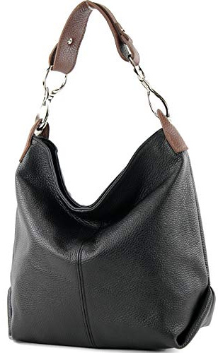 modamoda de T168 Damen Leder Schultertasche Henkeltasche Medium handmade in Italy, Farbe:Schwarz/Braun