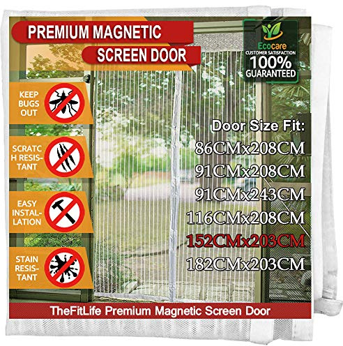 TheFitLife Magnetic Fly Screens for Doors - Heavy Duty Mesh Curtain with Full Frame Hook and Loop Powerful Magnets that Snap Shut Automatically (White 158x206cm - Fits Doors up to 152x203cm Max)