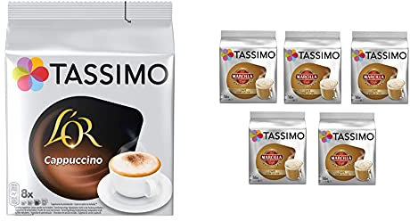 TASSIMO L'Or Café Capuccino 5 paquetes de 8 unidades: Total 40 unidades + Marcilla Café con Leche 5 paquetes de 16 cápsulas: Total 80 unidades
