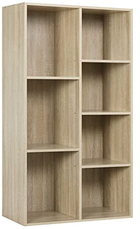WOLTU 4-Tier Wooden Bookcase Book Display Shelves Storage Cloth Organizer Cube Shelves, 7 Cubes, Oak Rack for Office, Living Room, Bedroom, Study Room Shelves SK004hei-UK