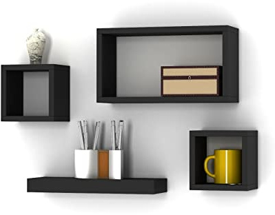 URBNLIVING Black Floating Wooden Hanging Storage Cube Wall Shelf Shelves Set Home Decor Suspended Shelfing Unit… (4 Shelf Set)