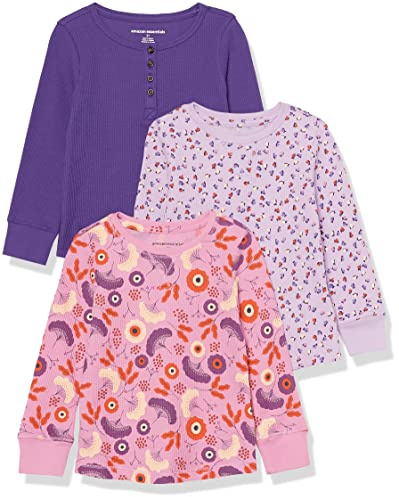 Amazon Essentials Camiseta térmica de Punto de Manga Larga Niña, Pack de 3, Morado/Folk Floral, 10 años