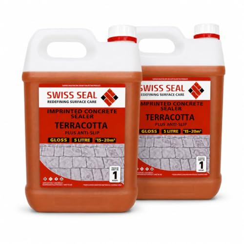 Swiss Seal | TERRACOTTA Coloured Imprinted Concrete Sealer GLOSS FINISH + ANTI-SLIP | Colour Tinted Driveway & Patio Sealant - Wet Look | Colour Tint Sealant For Outdoor Concrete Floor (2 x 5 Litre)