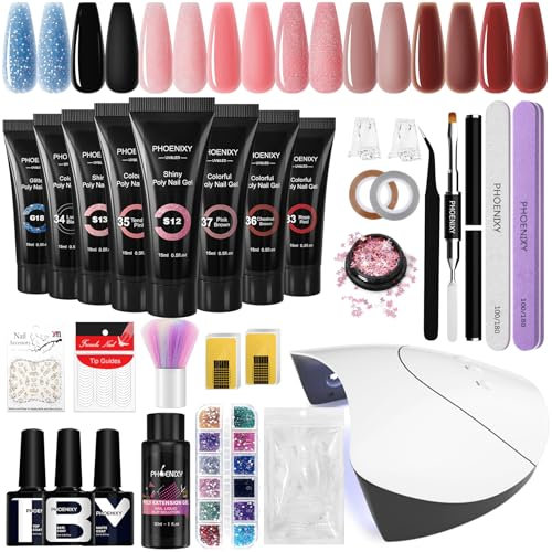 PHOENIXY Poly Nail Gel Kit, 8 Colors 15ml Poly Nail Builder Extension Gel Nail Kit With 36W Nail Lamp, Slip Solution and Base Top Coat Nail Kit Gift for Women