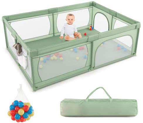 DREAMADE 200 x 140 cm Baby Laufstall, Laufgitter mit 50 Bällen & Tragetasche, Krabbelgitter für Kinder im Innen- & Außenbereich (Grün, ohne Matratze)