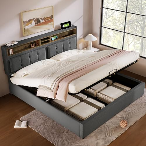 Becag Polsterbett 140x200, Doppelbett mit Stauraum, Kopfteil mit Bücherregal und USBC-Steckdose, Stauraumbett mit Lattenrost, Jugendbett Rückenlehne Bett, Grau Leinenmaterial, ohne Matratze