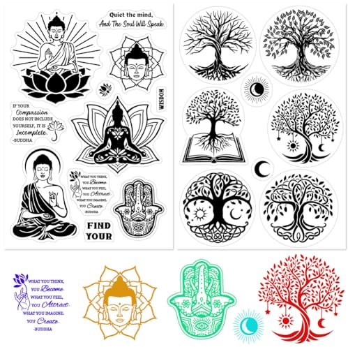 CRASPIRE 2 Estilo Buda Árbol de la Vida Sellos de Goma Transparentes Mandala Vintage Sellos de Sellos de Silicona Transparentes Reutilizables para Hacer Tarjetas de Diario Scrapbooking Álbum