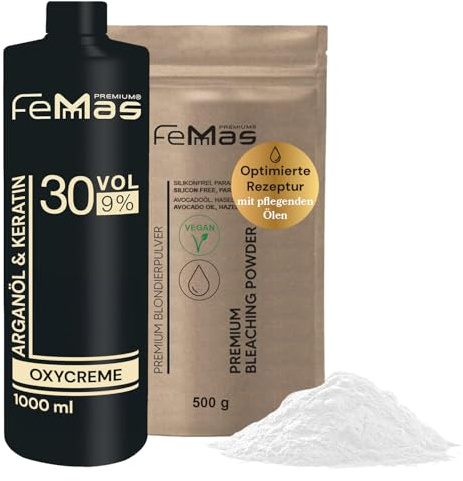 FemMas 500 g veganskt blekningspulverkit och utvecklare 9 % 1 l I ultrastarkt och dammfritt I med näringsrika oljor I salongskvalitet hemblekningssats I