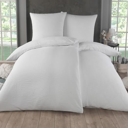 Kuscheli 4 teilig Dreamhome Uni fein Seersucker Wende Bettwäsche Bettbezug für Bettdecke Kissenbezug 80x80, Farbe:Weiss, Größe:2X 135x200 + 2X 80x80 cm