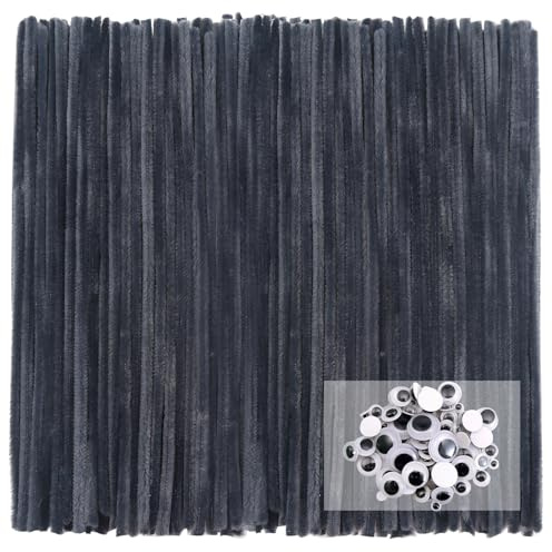 TOAOB 100 Pezzi Scovolini Ciniglia Steli per Lavoretti Grigio Pipe Cleaner Bastoncini Decorativi e 100 Occhi Mobili Adesivi per Fai da Te Artigianato Scrapbooking Bambole Pupazzi